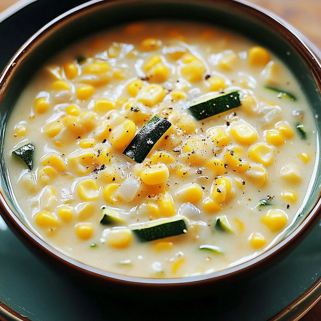 Creamy summer corn and zucchini chowder in a bowl with fresh herbs