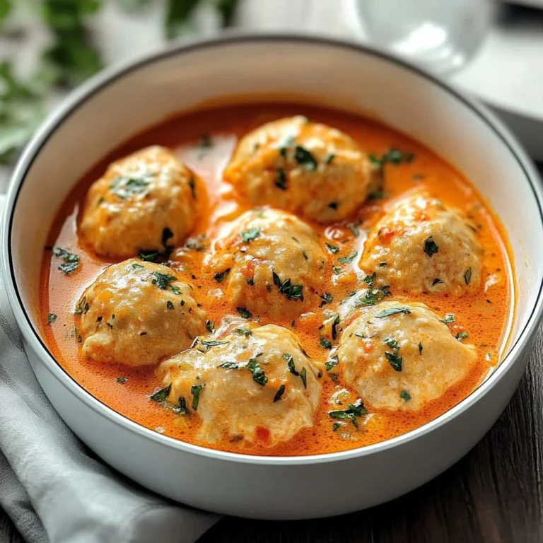 Bowl of creamy tomato soup topped with cheddar bay dumplings.
