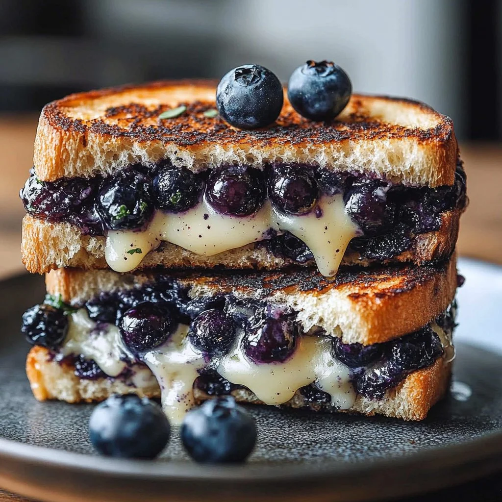 Delicious crispy blueberry grilled cheese sandwich on a plate.