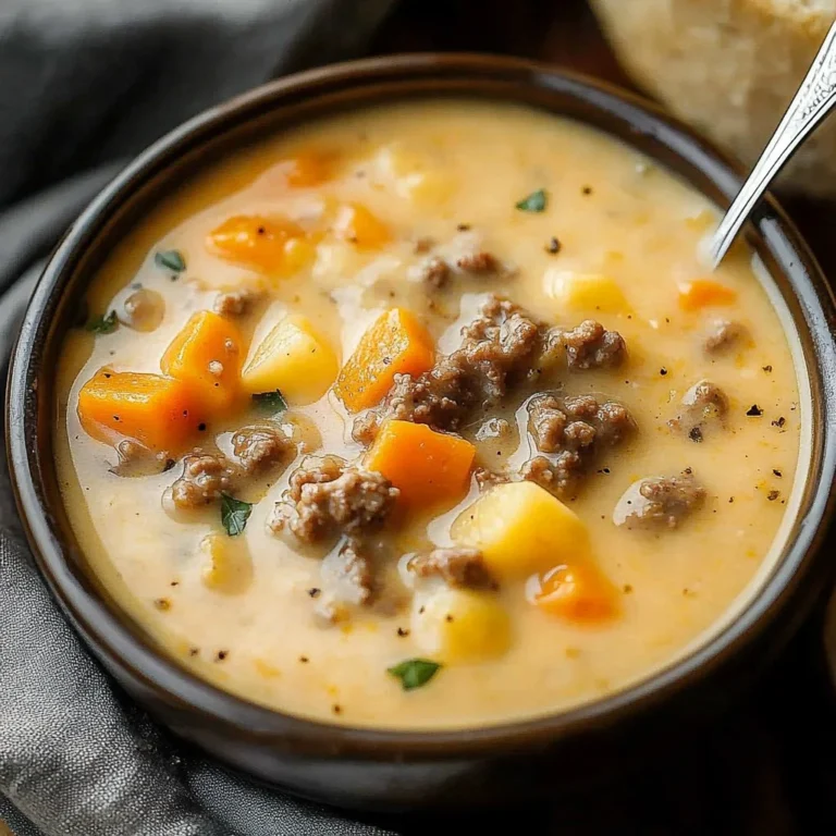 Delicious bowl of crockpot cheeseburger soup garnished with fresh herbs.