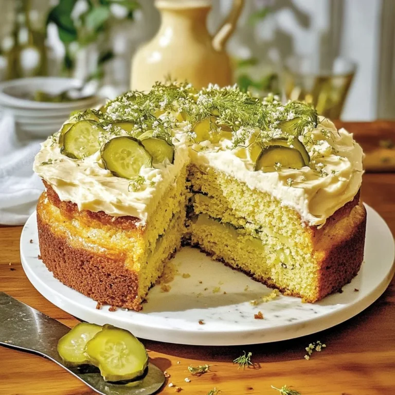 Slice of Dill Pickle Cake topped with cream frosting and dill garnish