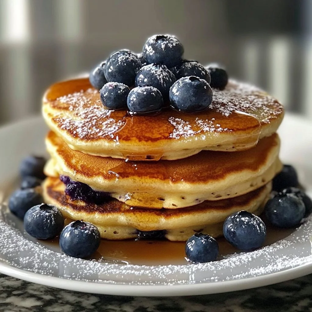 Delicious easy blueberry pancakes served with syrup and fresh blueberries