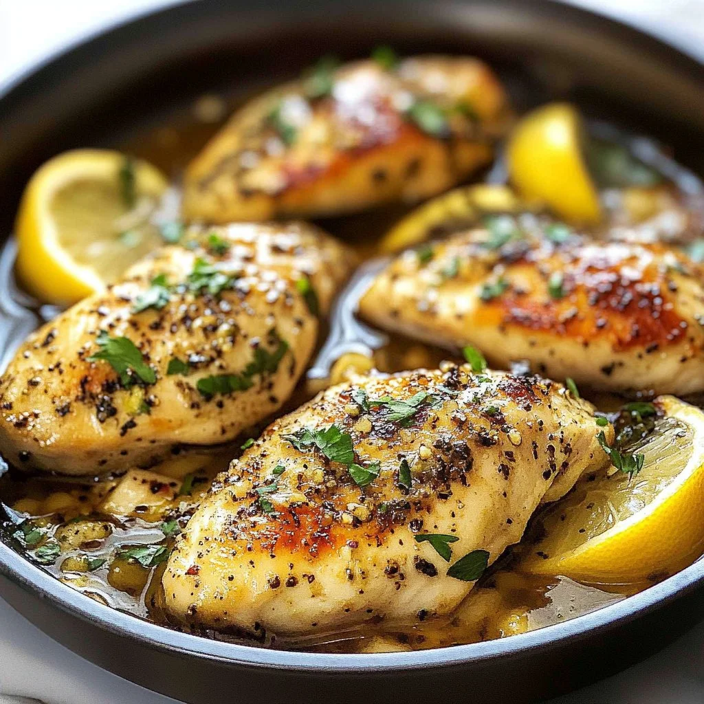 Delicious easy lemon pepper chicken served on a plate with fresh lemon slices.