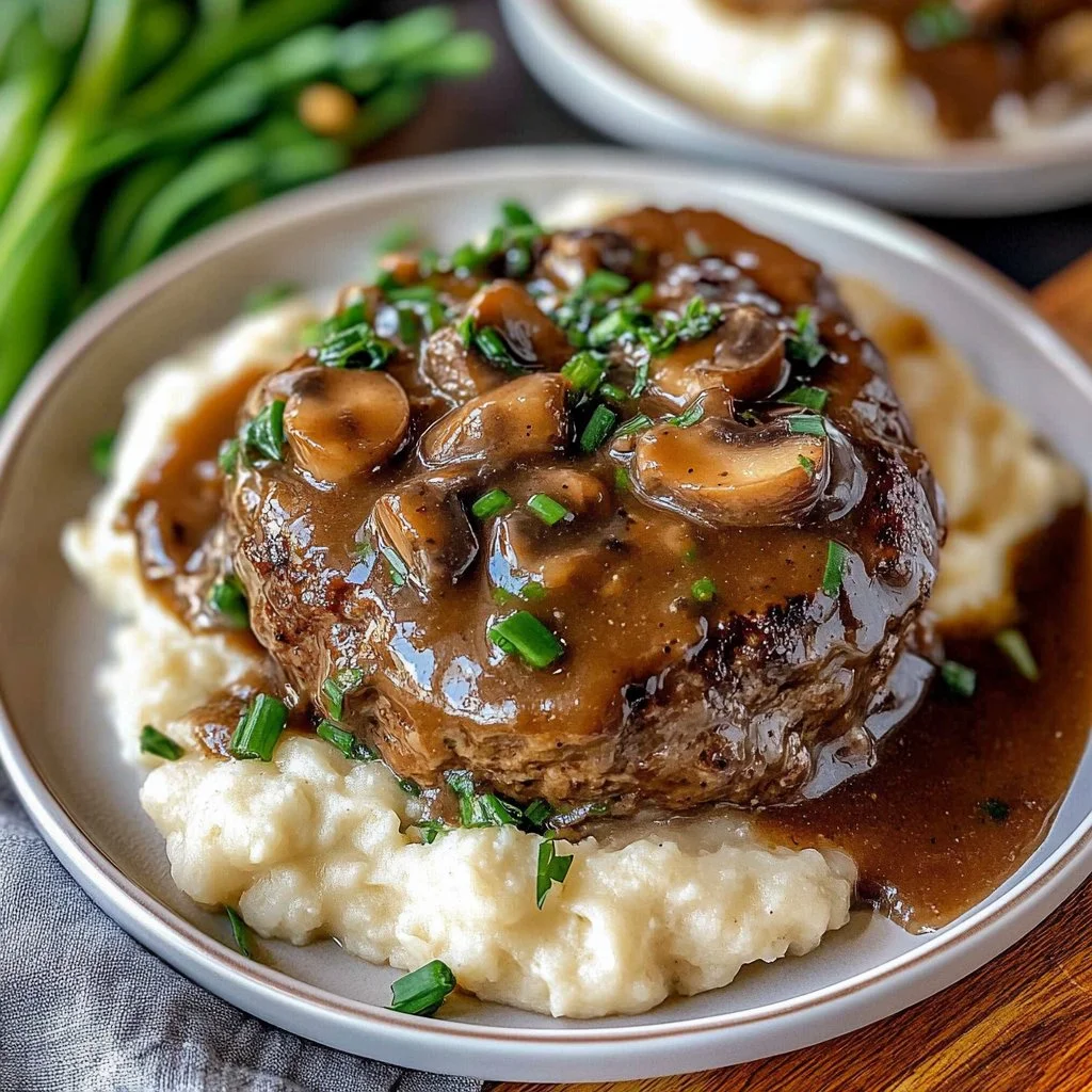 Plate of delicious homemade Salisbury steak with rich gravy and sides.
