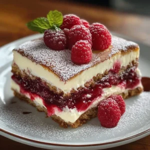 Freshly made raspberry tiramisu dessert with layers of cream and berries