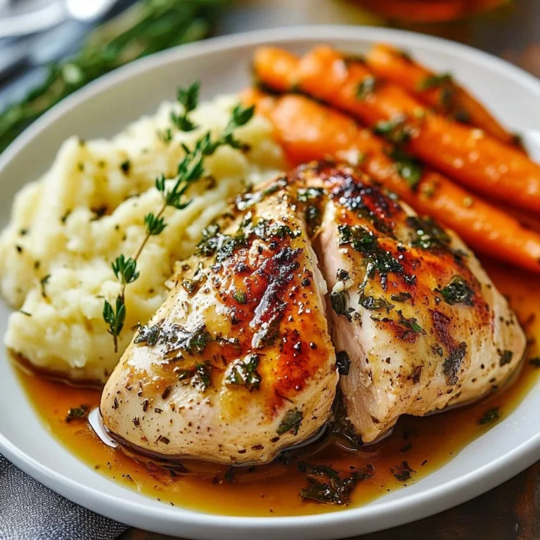 Delicious Garlic Herb Chicken with mashed potatoes and glazed carrots on a plate