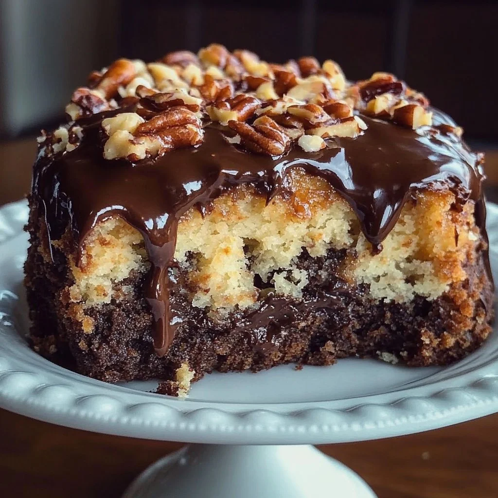 Delicious German Chocolate Poke Cake topped with coconut and pecan frosting.