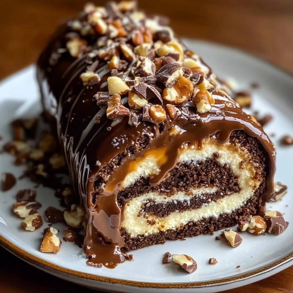 Gooey chocolate caramel turtle cake roll with nuts and drizzled caramel