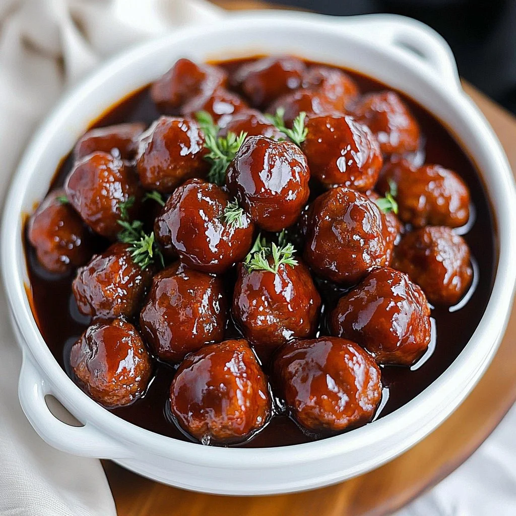Crockpot grape jelly meatballs served on a plate garnished with parsley