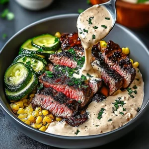 Grilled steak bowl with creamy sauce and grilled zucchini served in a bowl