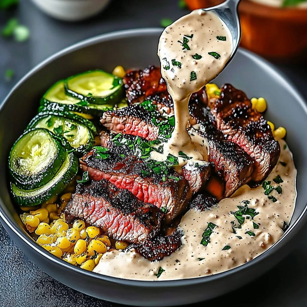 Grilled steak bowl with creamy sauce and grilled zucchini served in a bowl