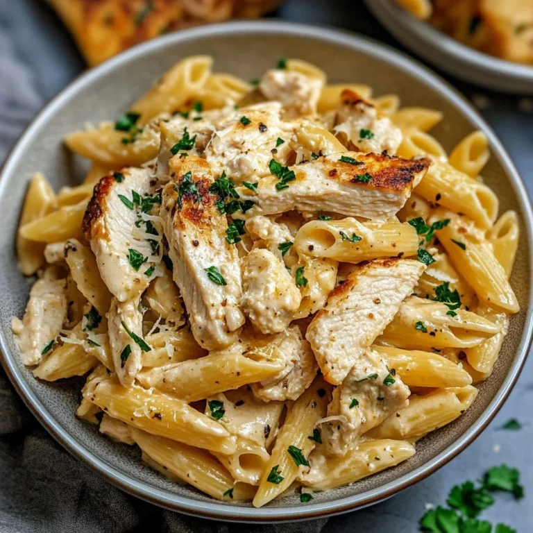 Healthy garlic parmesan chicken pasta dish garnished with herbs