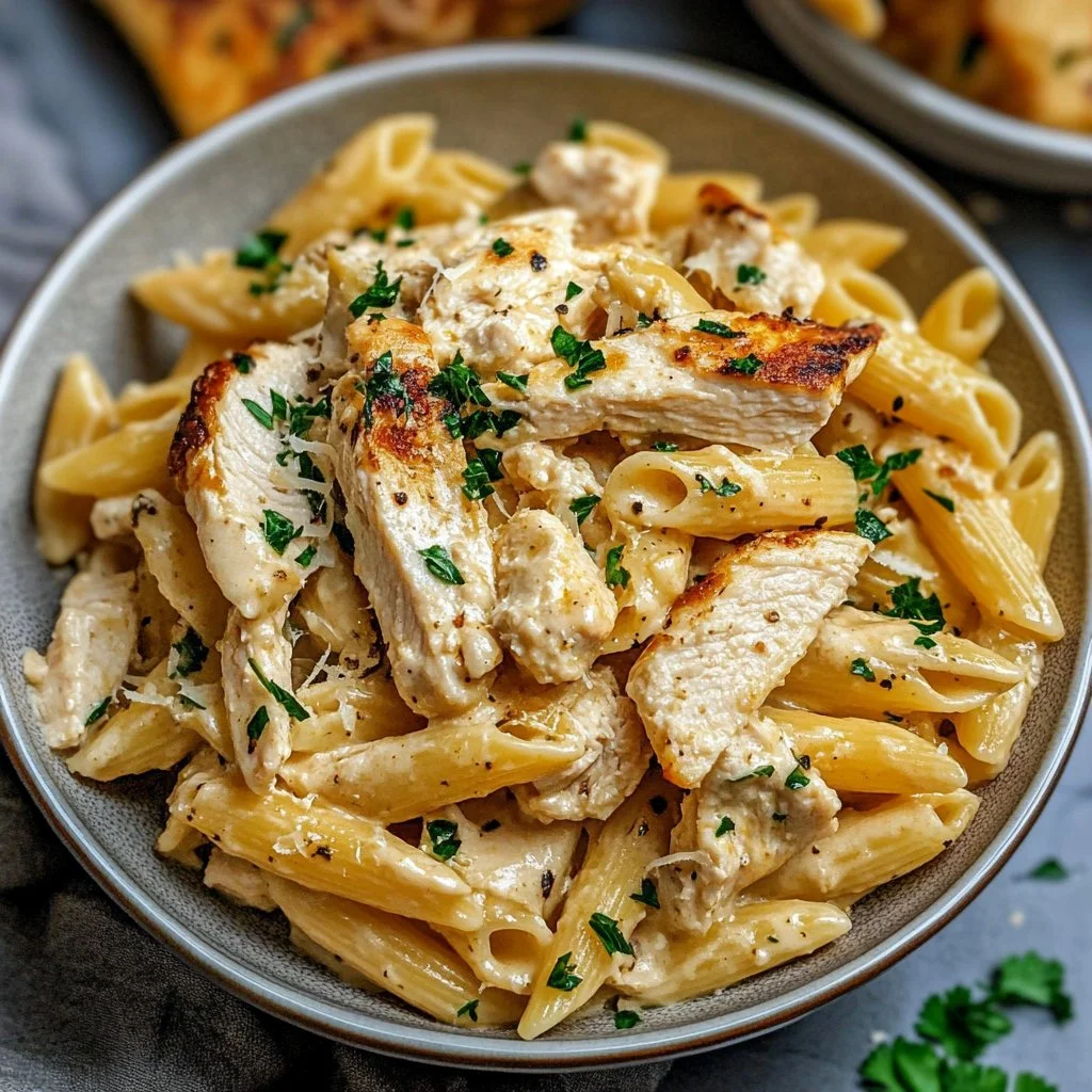 Healthy garlic parmesan chicken pasta dish garnished with herbs