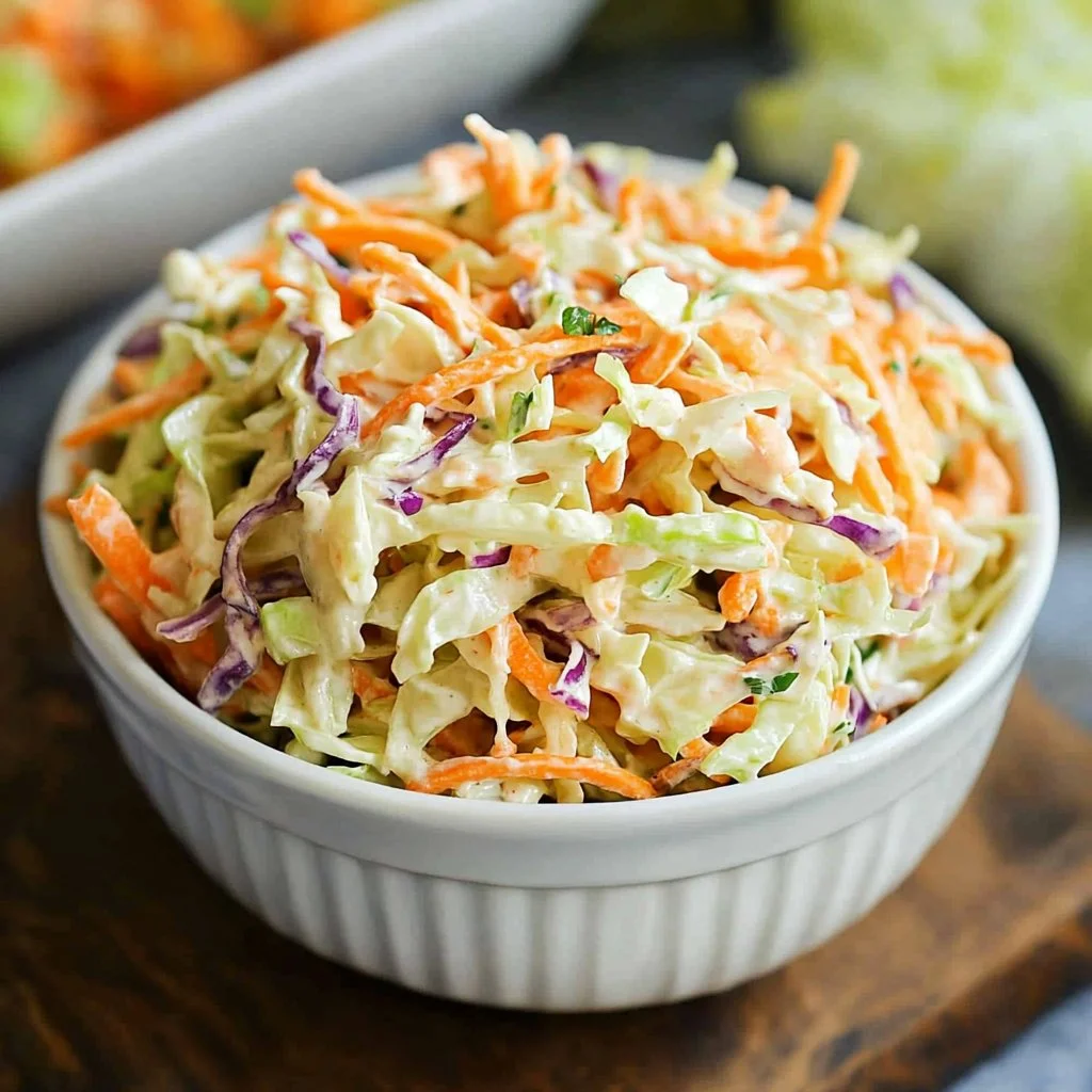 Bowl of creamy KFC coleslaw served in a rustic setting