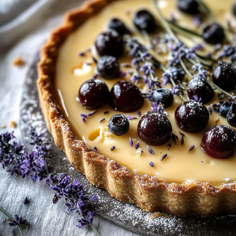 Homemade Lavender Vanilla Tart topped with lavender sprigs and vanilla beans