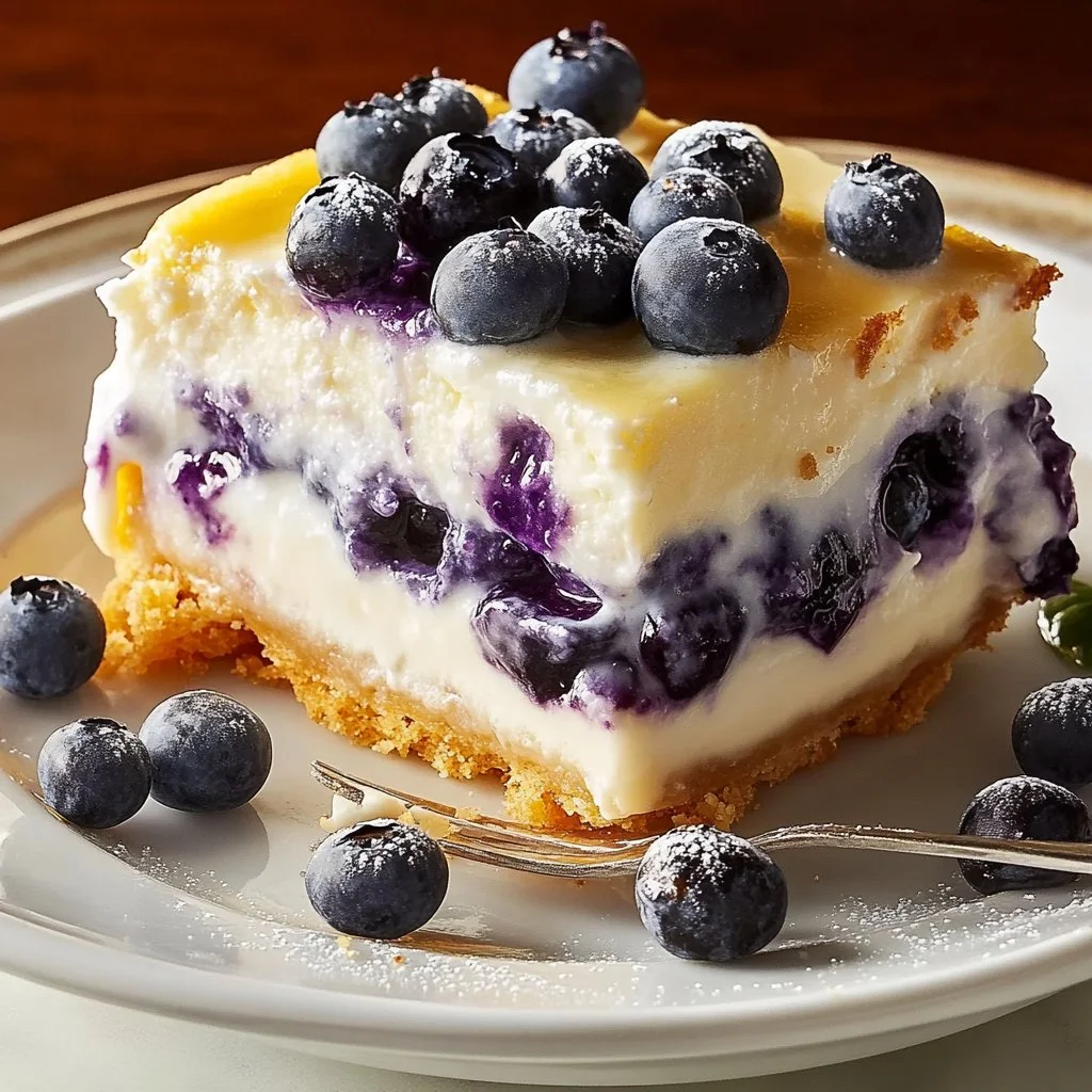 Lemon Blueberry Cheesecake Lasagna dessert topped with blueberries and lemon zest.
