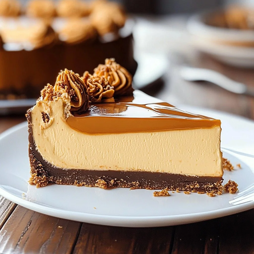 Delicious loaded butterscotch cheesecake topped with caramel and whipped cream