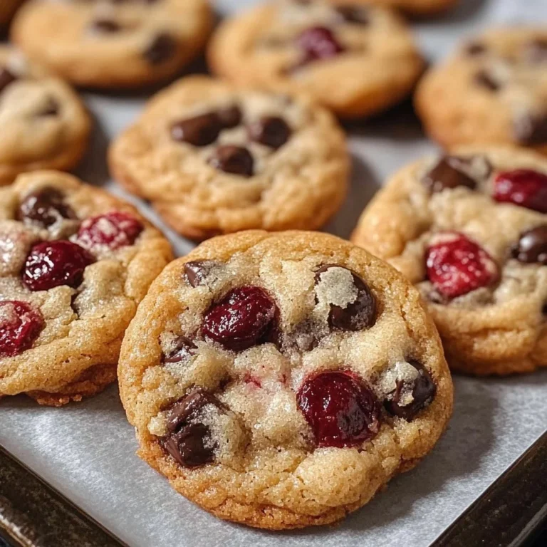 Maraschino Cherry Chocolate Chip Cookies on a plate, with chocolate chips and cherries