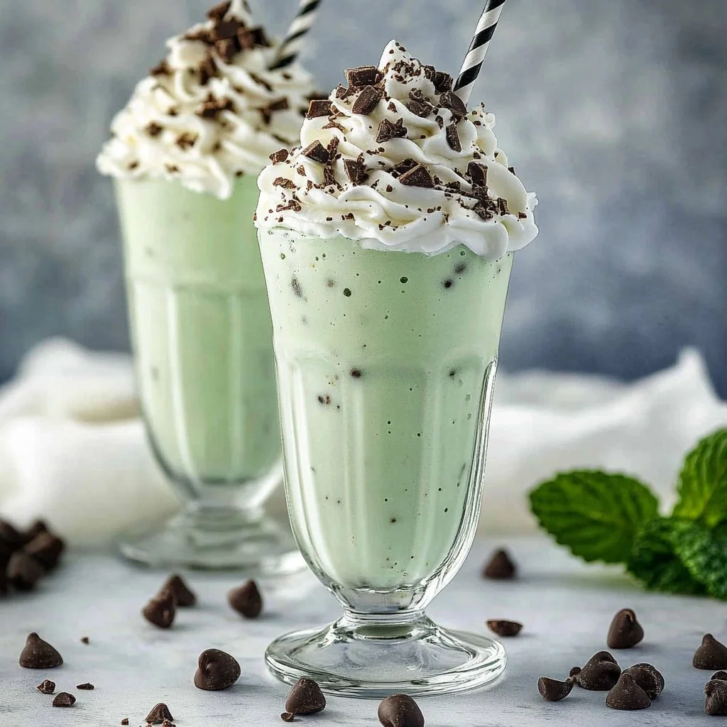 Mint chocolate chip milkshake in a glass with mint leaves and chocolate chips.