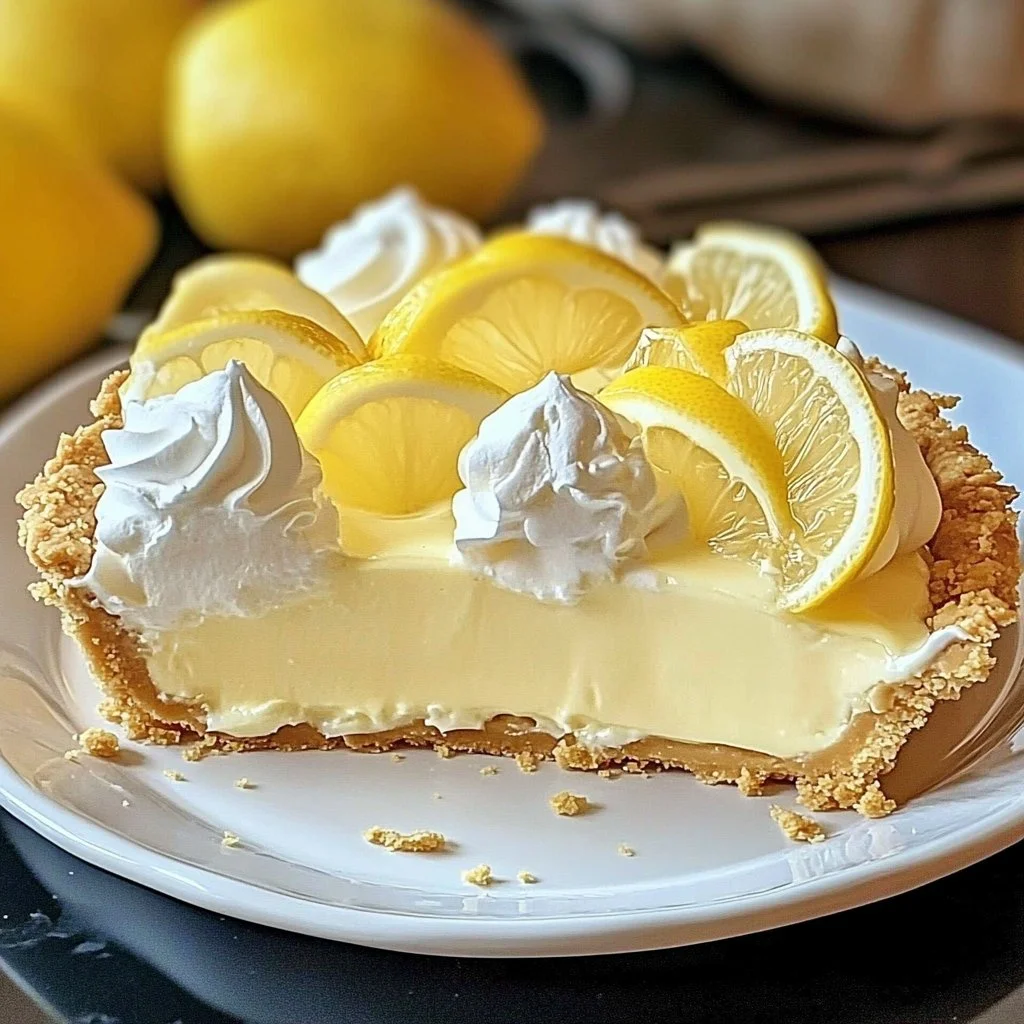 No-Bake Lemonade Pie topped with lemon slices and whipped cream