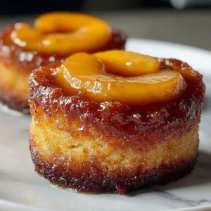 Peach Upside-Down Mini Cakes served on a plate, perfect for satisfying dessert cravings.