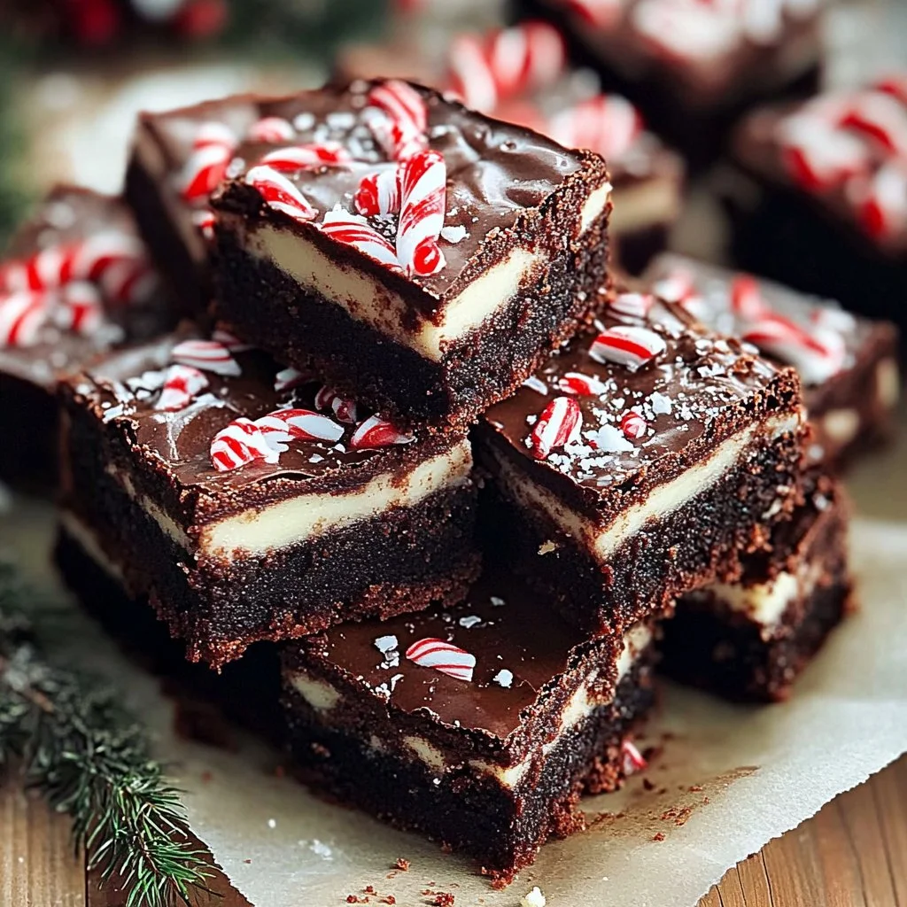 Delicious peppermint fudgy brownies topped with festive decorations and candies.