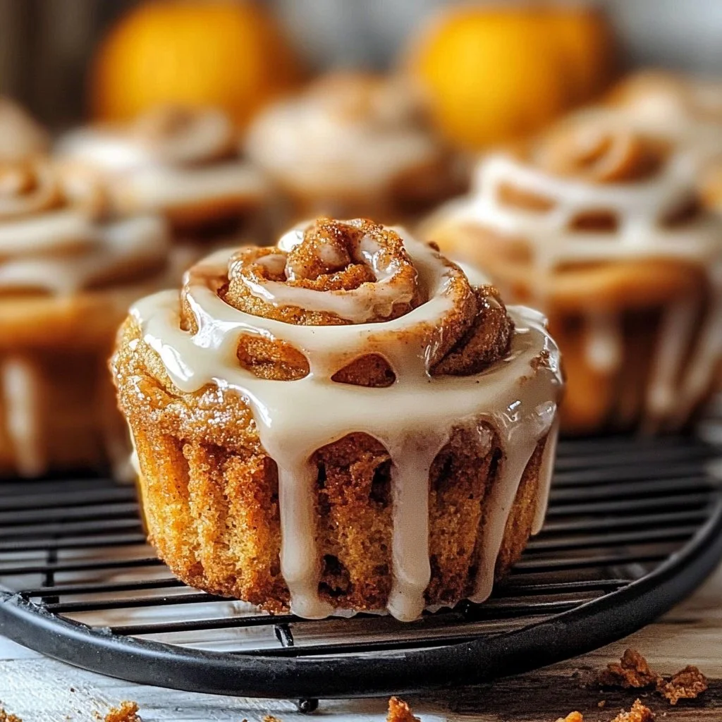 Freshly baked pumpkin cinnamon roll muffins with cream cheese frosting