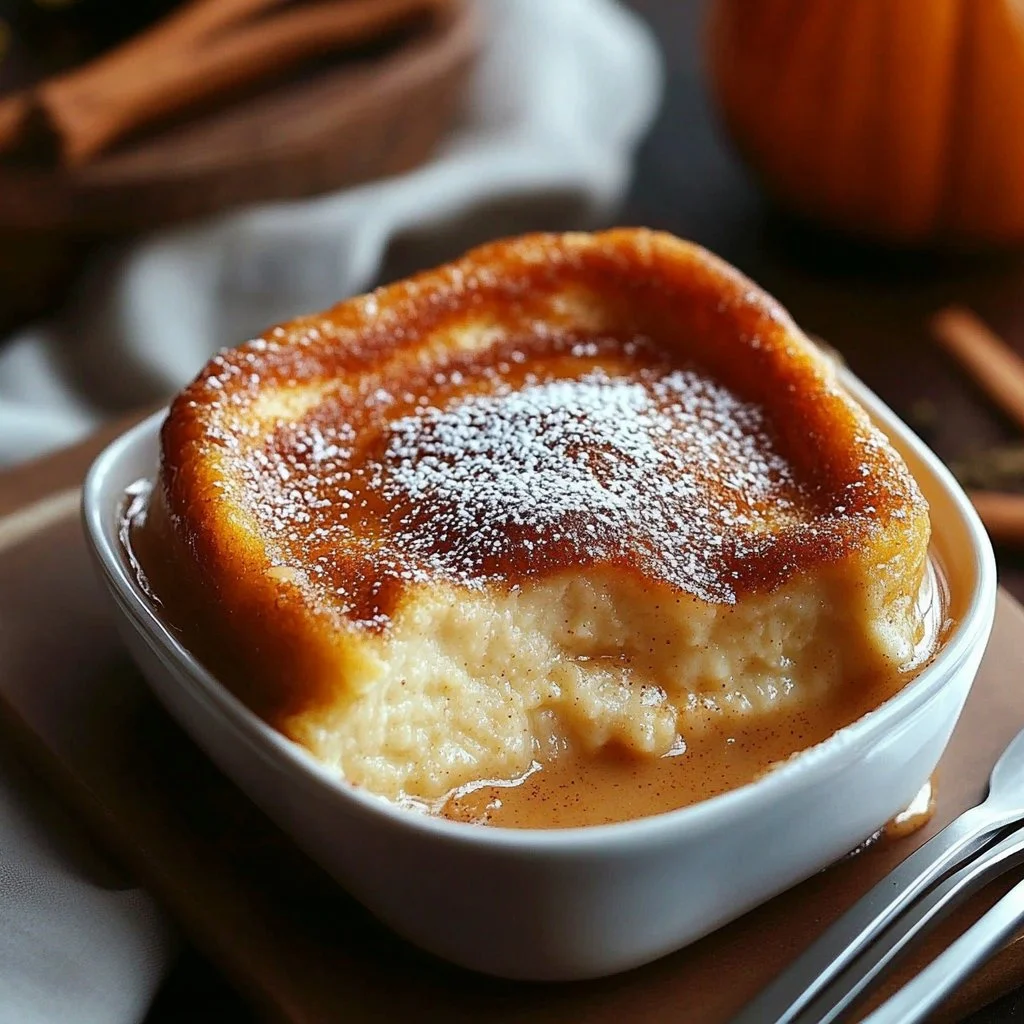 Delicious pumpkin pie pudding cake served as a festive fall dessert