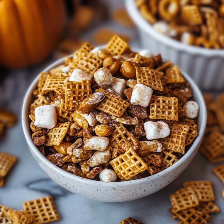 Bowl of homemade Pumpkin Spice Chex Mix with fall spices and seasonal ingredients.