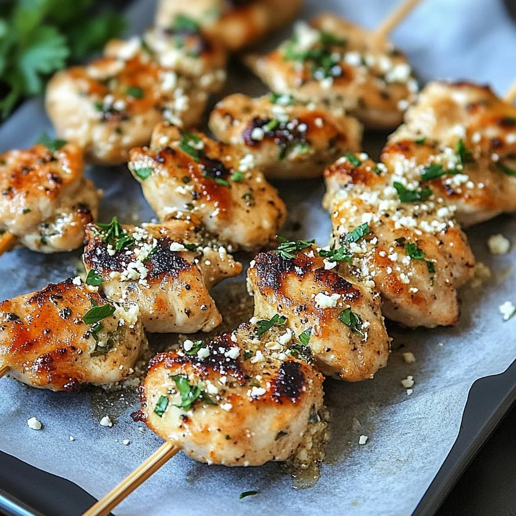 Ranch Garlic Parmesan Chicken Skewers ready to serve on a platter