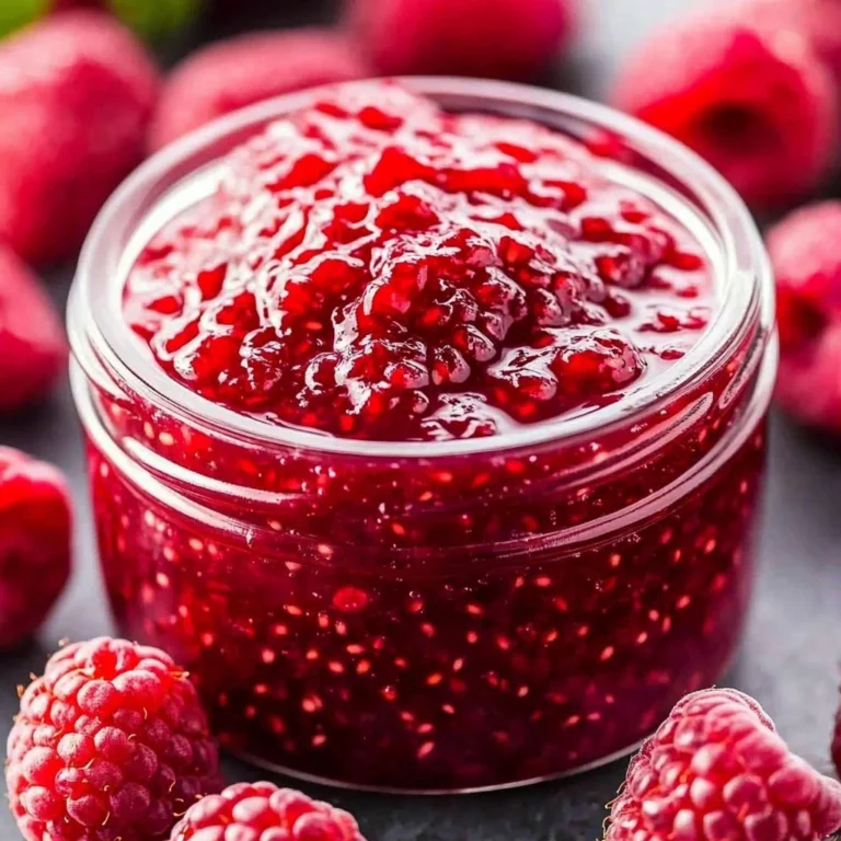 Homemade raspberry freezer jam in a jar with fresh raspberries.