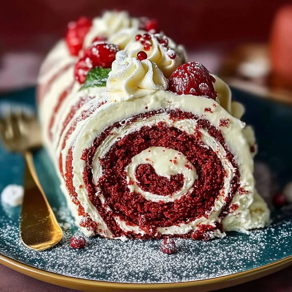 Delicious red velvet roulade on a white plate, topped with cream cheese frosting.