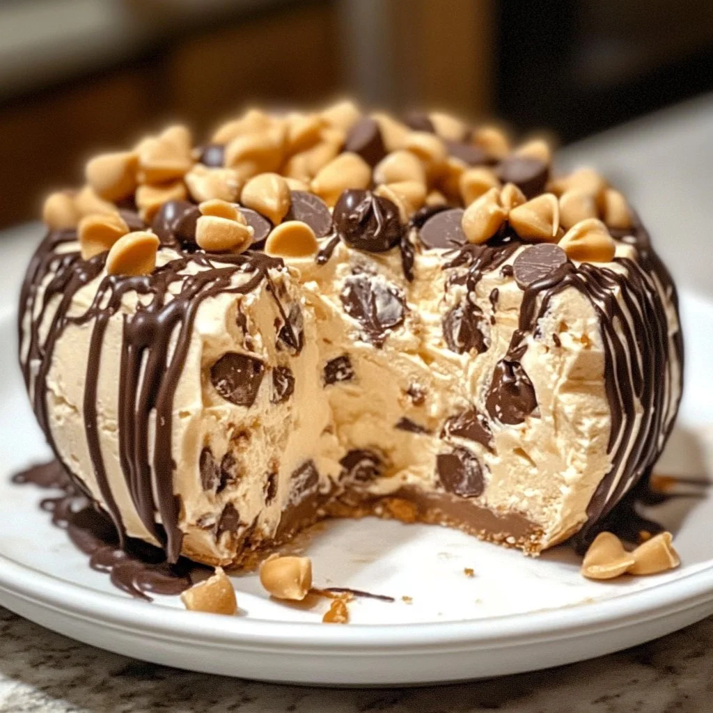 Reese’s Cheese Ball dessert topped with peanut butter and chocolate.