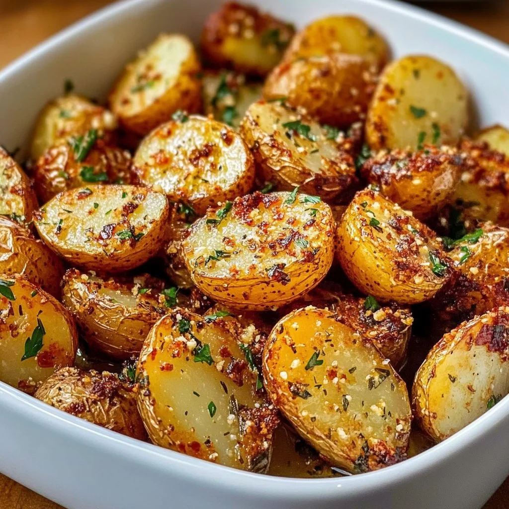 A bowl of delicious roasted baby potatoes garnished with herbs
