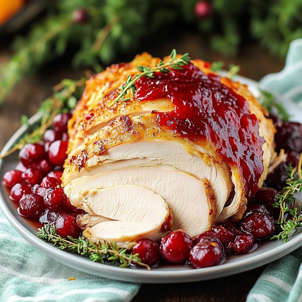 Slow cooker boneless turkey breast served with cranberry sauce on a plate.