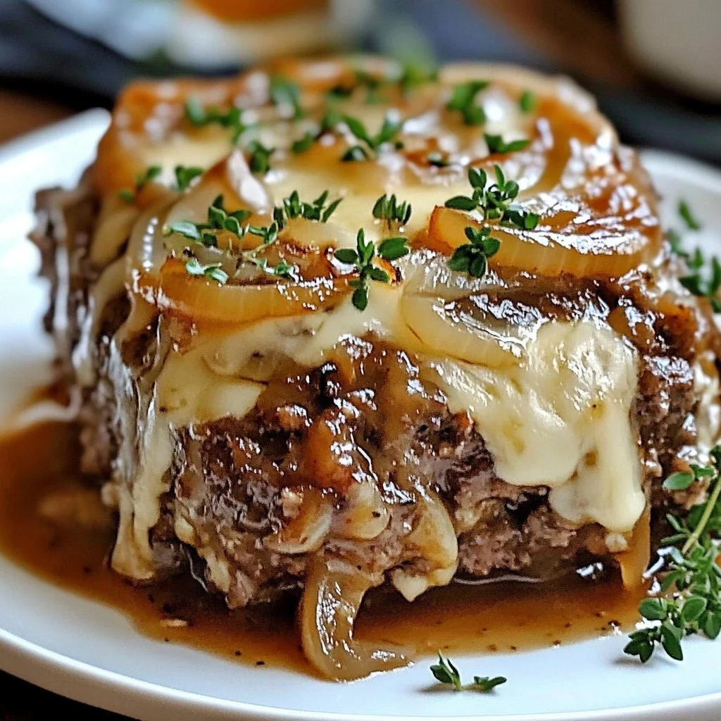 Slow Cooker French Onion Meatloaf served with caramelized onions and herbs