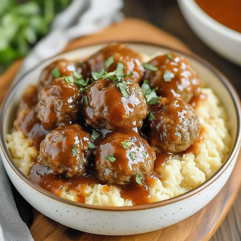 Slow Cooker Salisbury Steak Meatballs served with gravy and mashed potatoes