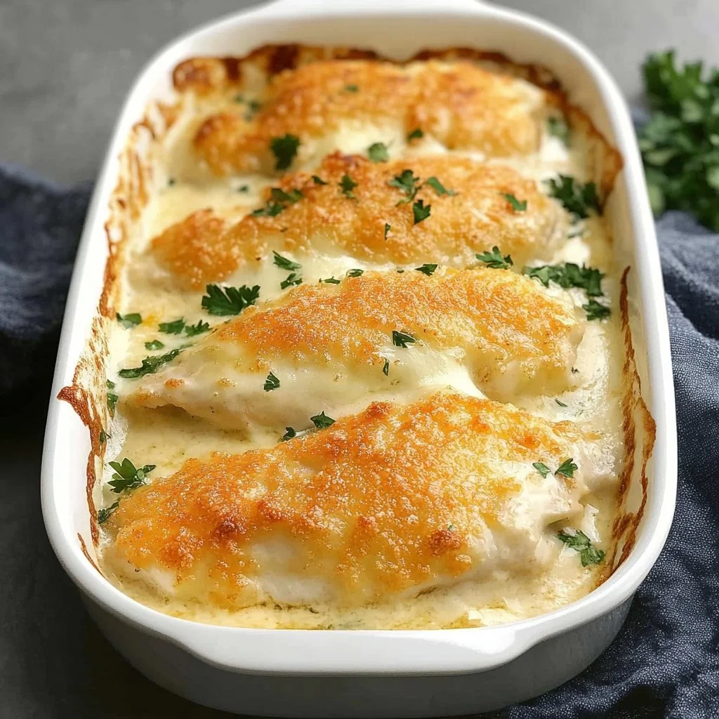 Delicious smothered cheesy sour cream chicken served with herbs