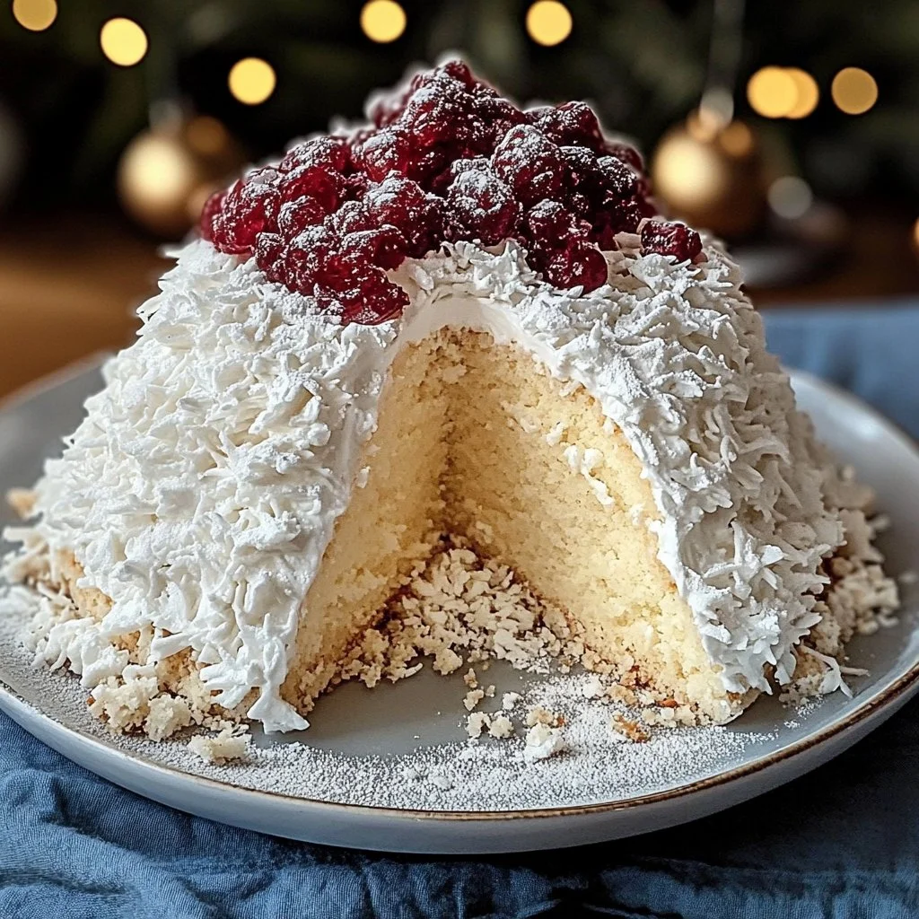 Delicious snowball cake topped with powdered sugar and coconut flakes.