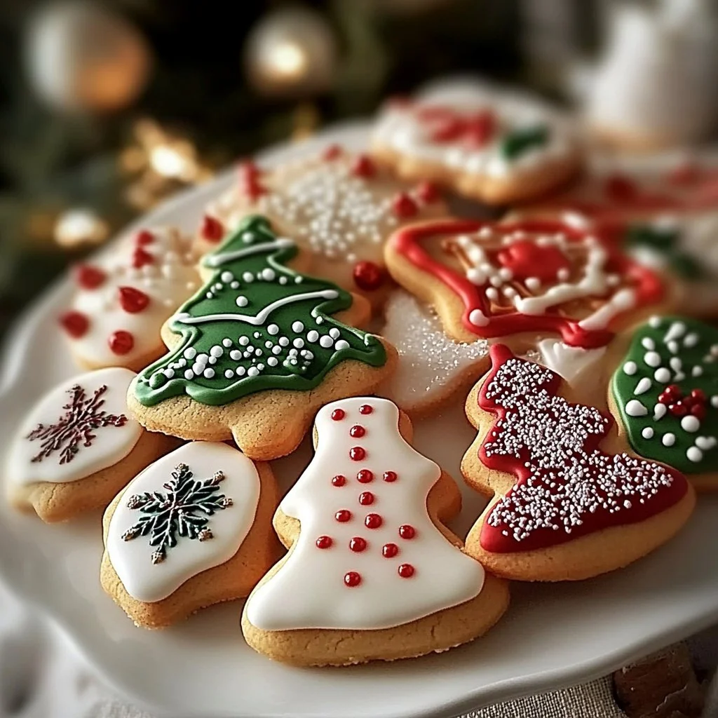 A plate of soft Christmas cookies decorated with festive icing and sprinkles