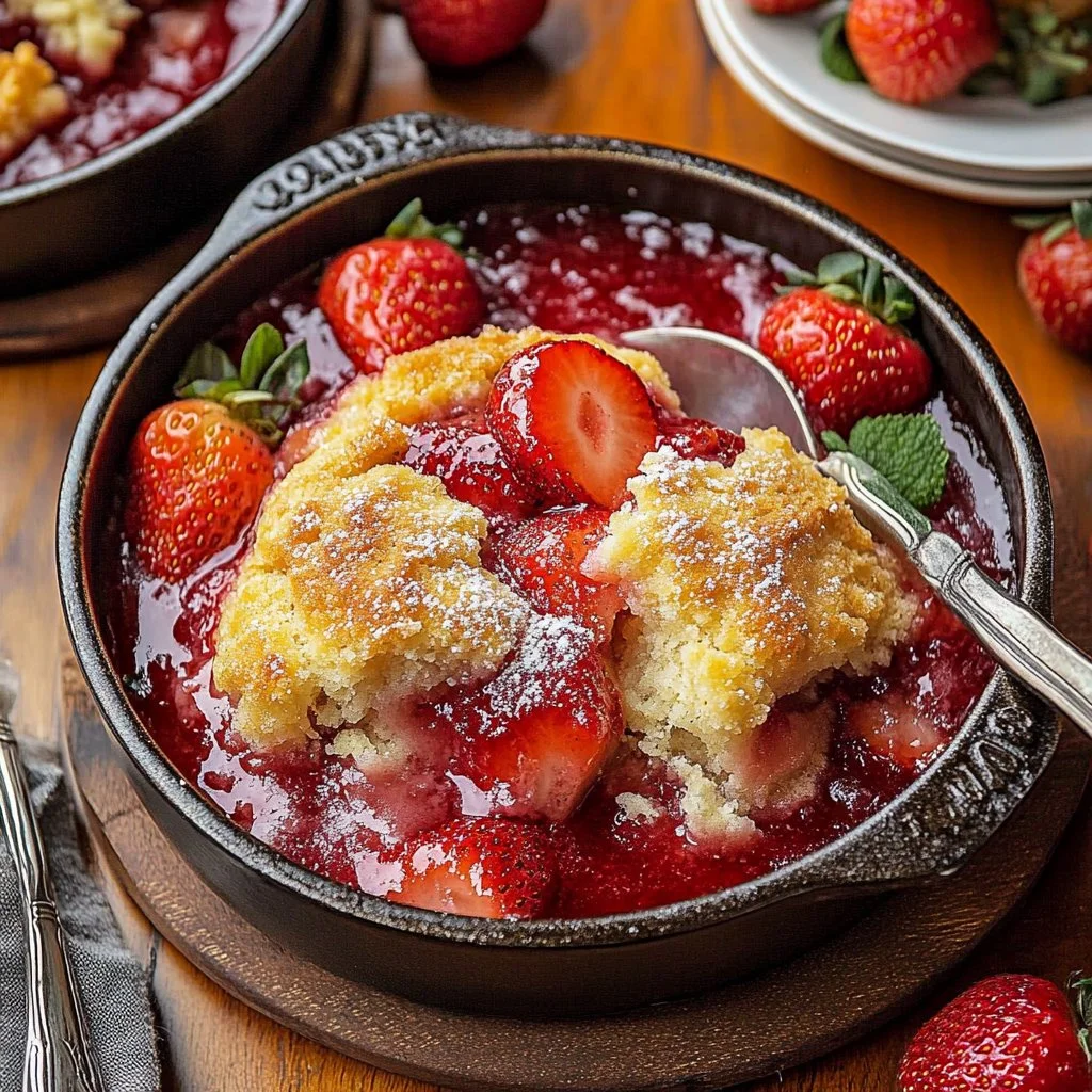 Delicious Southern strawberry cobbler served warm with fresh strawberries
