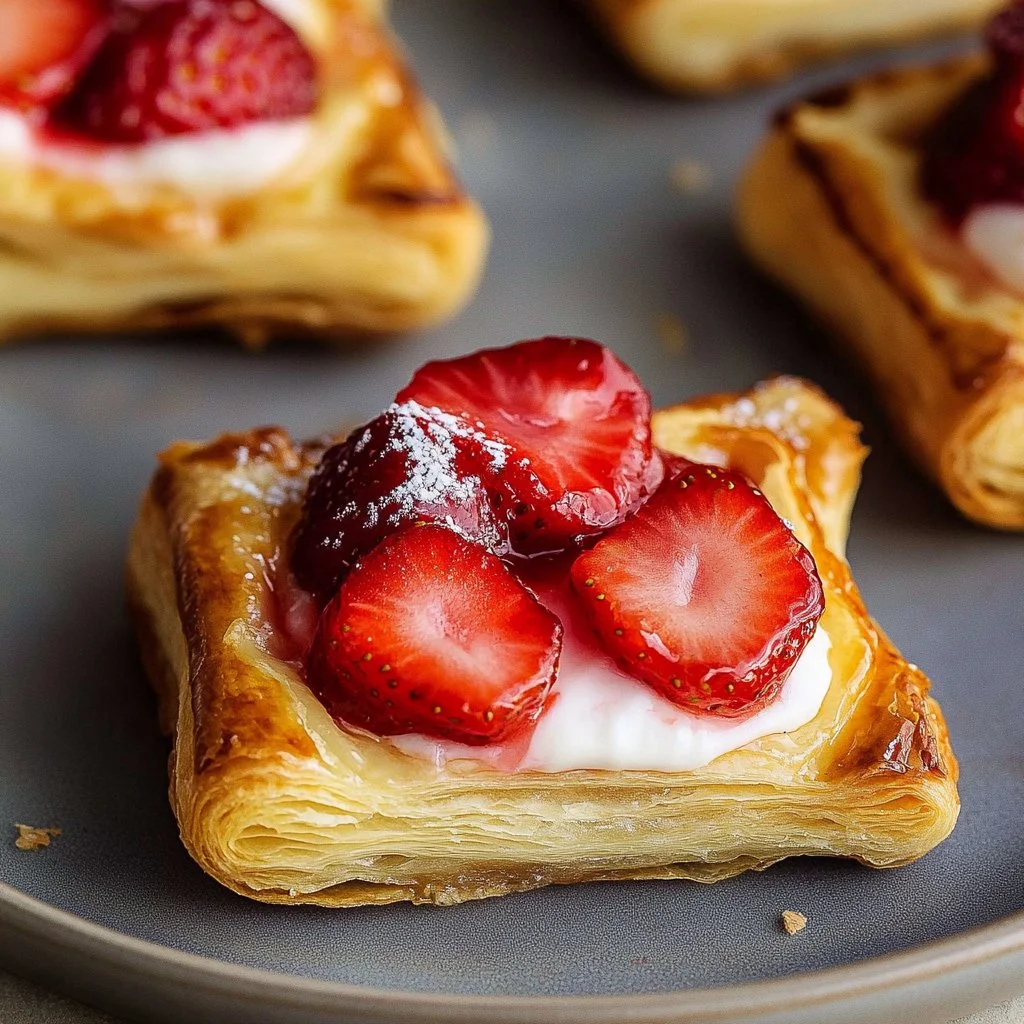 Freshly baked strawberry Danish pastry topped with icing and strawberries
