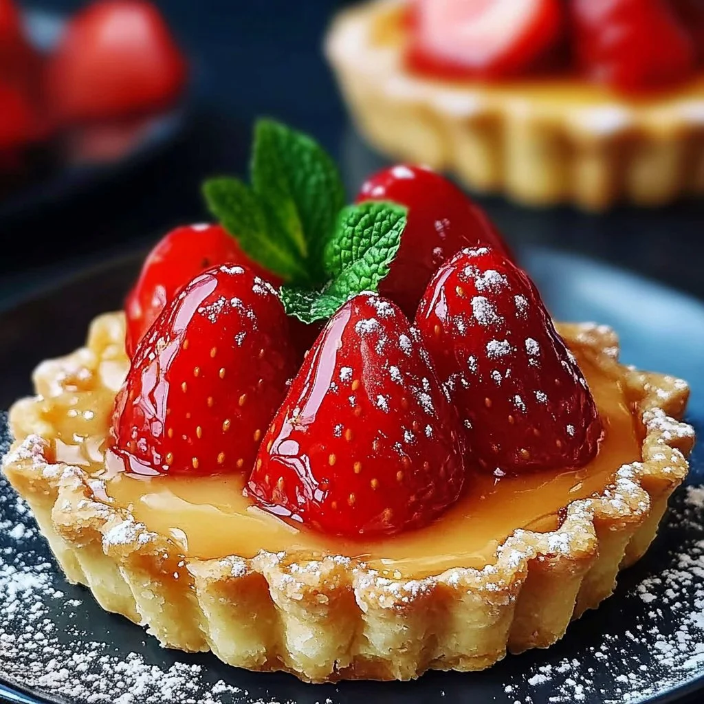 Delicious strawberry honey custard tarts garnished with fresh strawberries.