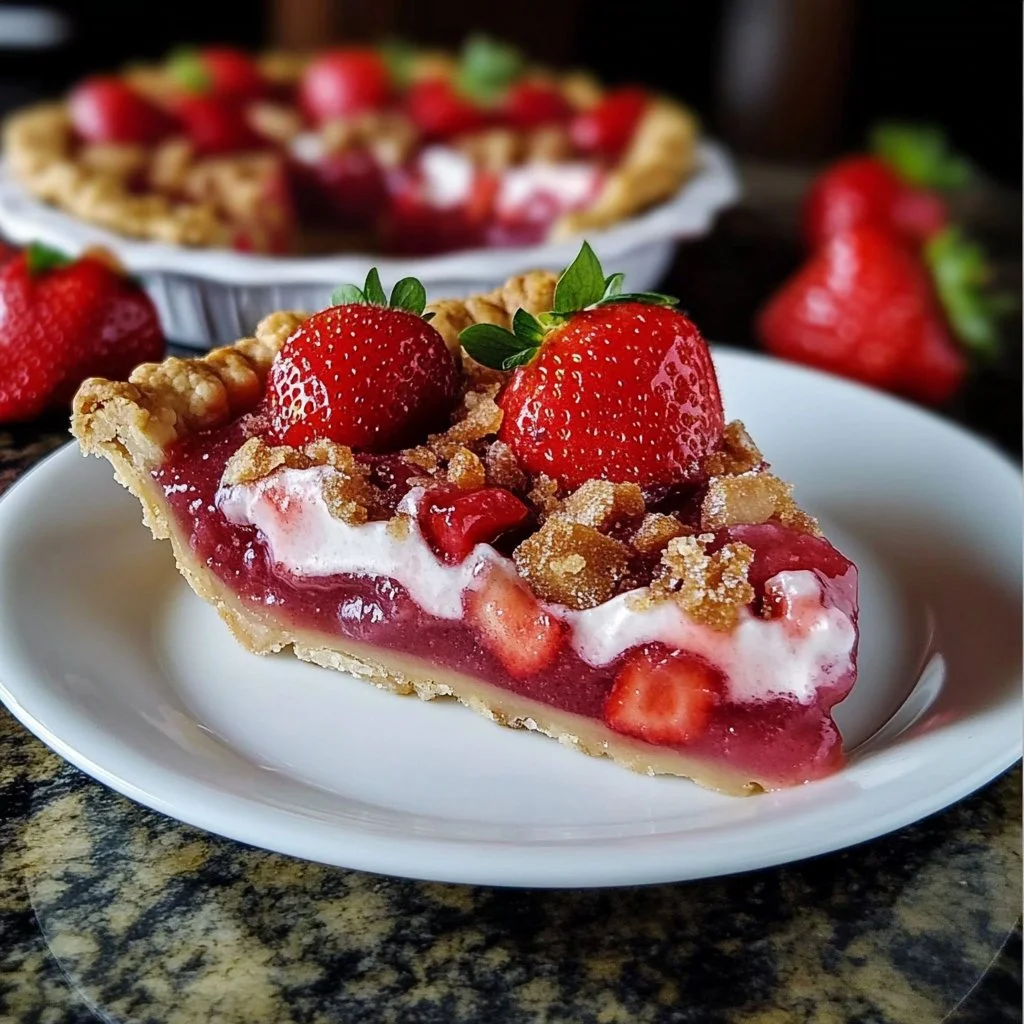 Homemade strawberry rhubarb cream pie on a rustic table