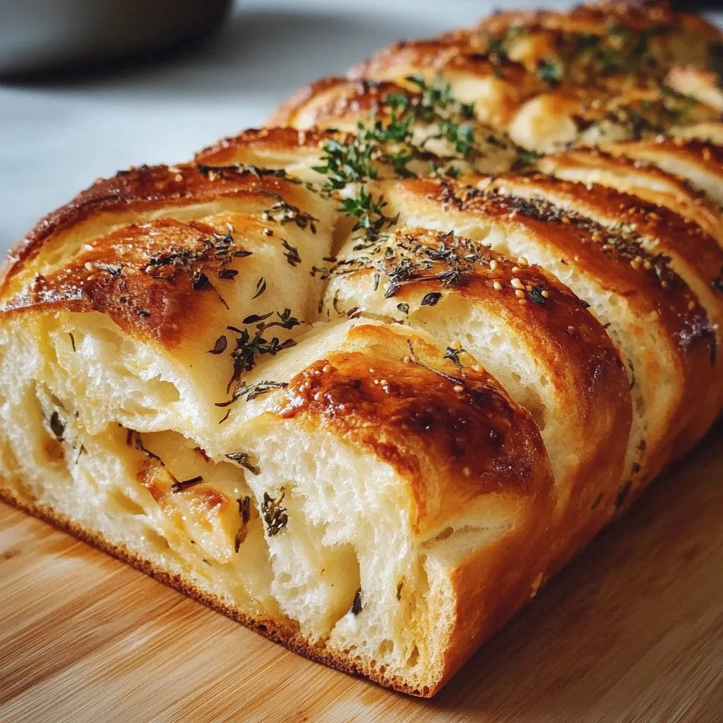Freshly baked swirled garlic herb and cheese bread showcasing a golden crust.