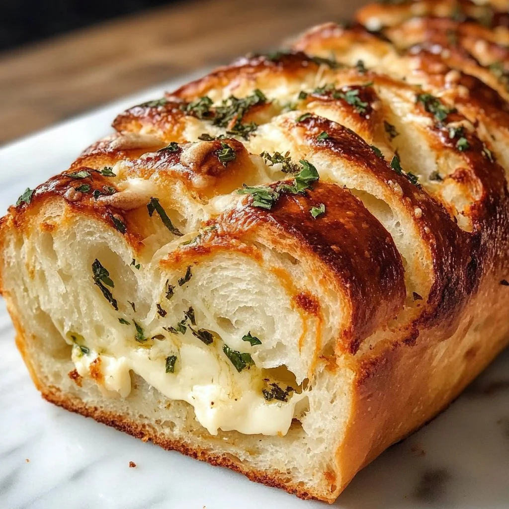 Freshly baked swirled garlic herb and cheese bread on a wooden table.