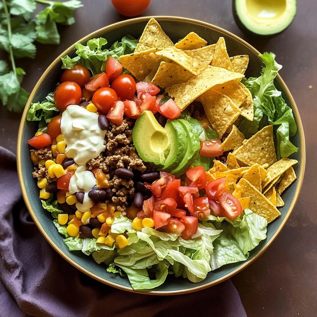 A colorful bowl of fresh Taco Salad topped with avocados and salsa