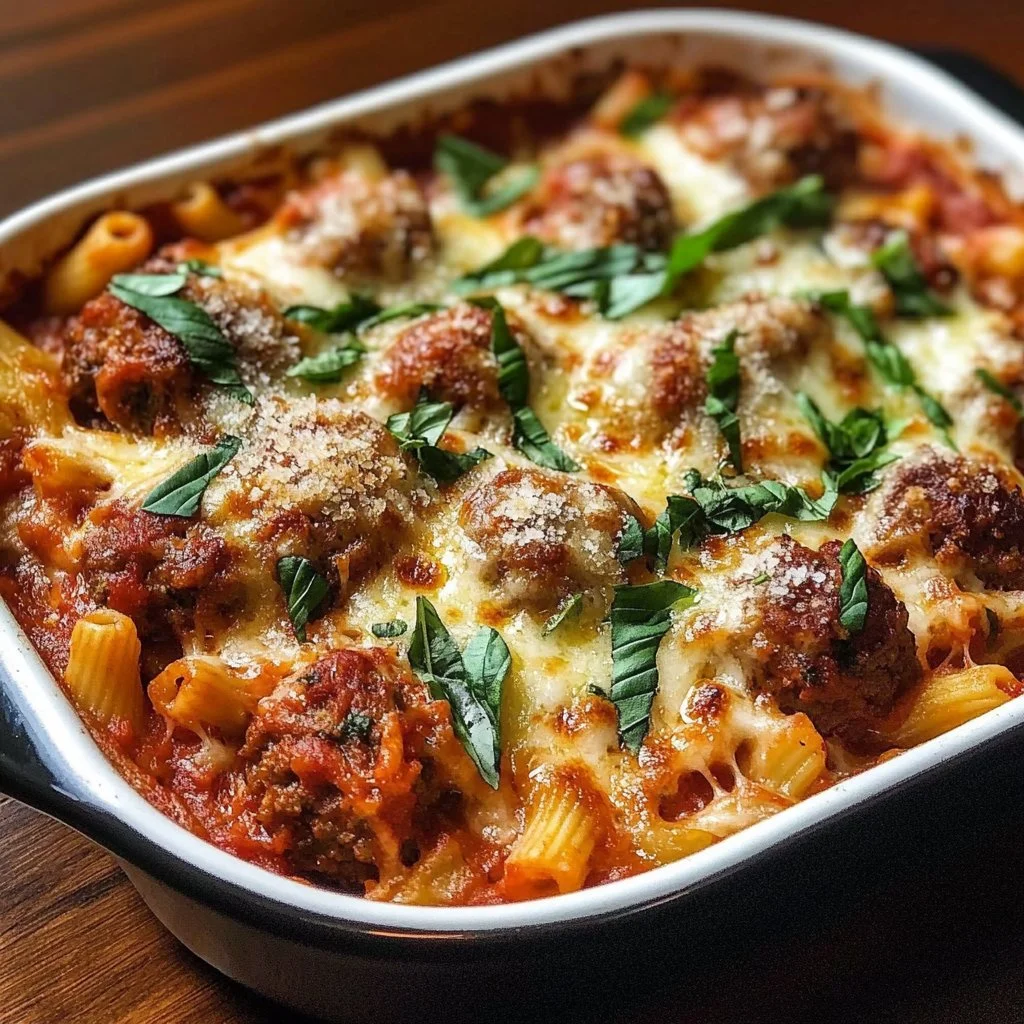 Delicious meatball casserole topped with melted cheese and fresh herbs