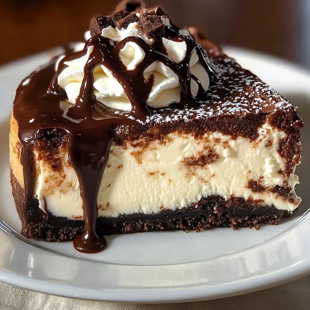 Ultimate hot fudge sundae brownie cheesecake topped with whipped cream and chocolate.