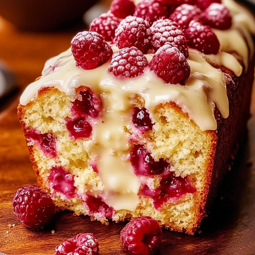 Delicious homemade White Chocolate Raspberry Loaf with raspberries and chocolate.